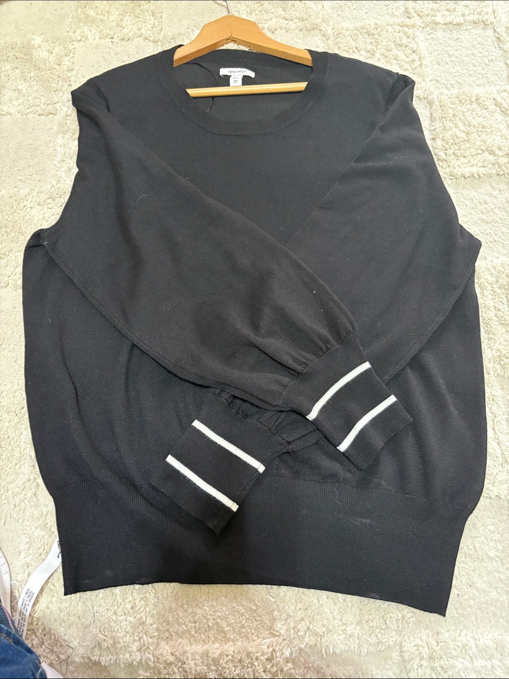 Nine West Black Crewneck Sweater with White Stripe Cuffs